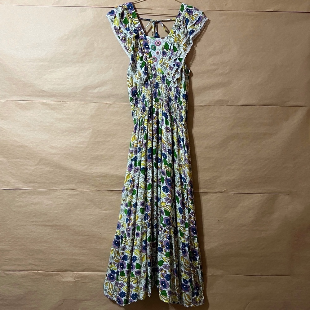 Anthropologie | Barok Paris Floral Beaded Tiered Ruffle Maxi Dress Size M